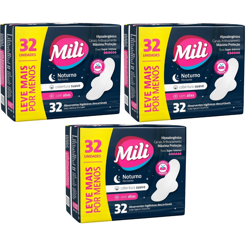Kit 3 pctes Mili Absorvente Noturno Suave c/abas - 32 un -Total 96un