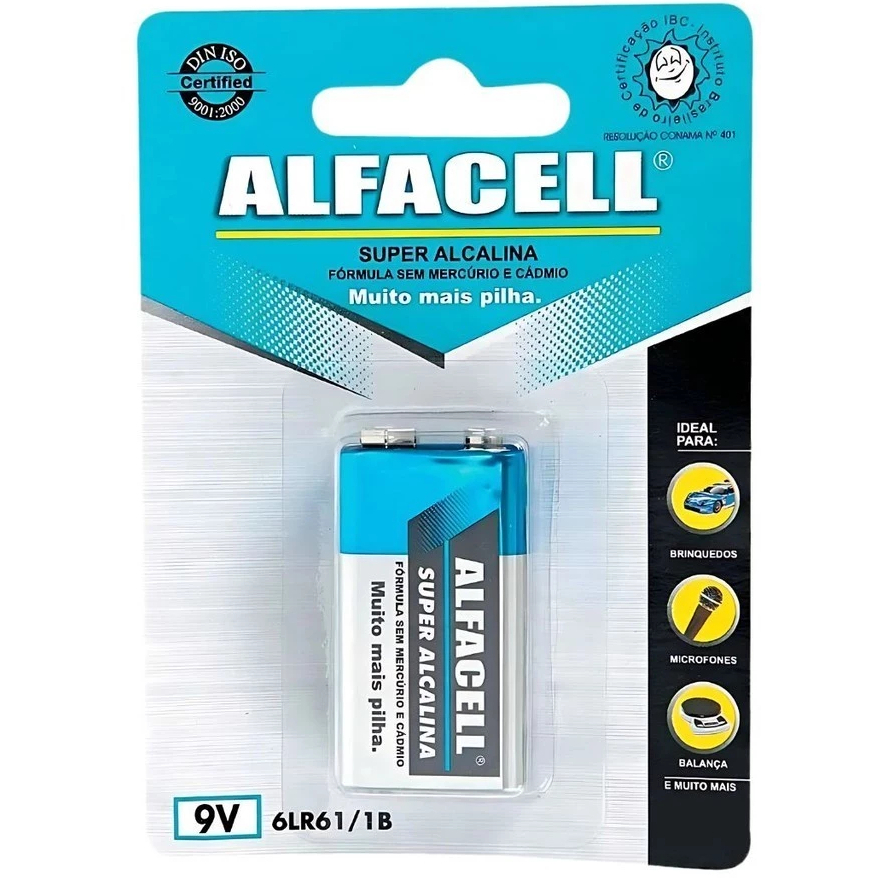 Pilha Bateria Alfacell 9V Super Alcalina 6LR61/1B