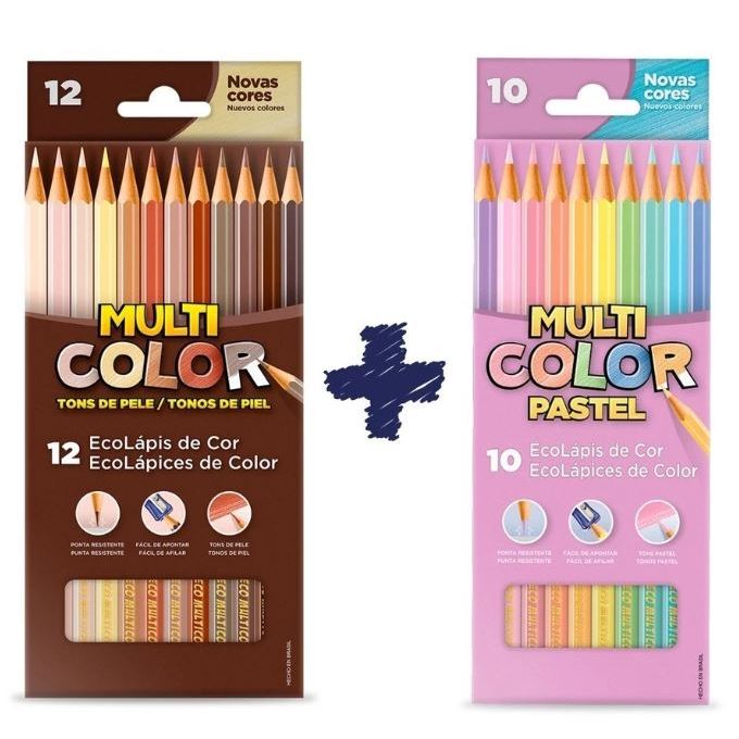 Lápis de Cor Multicolor 10 Tons Pastel + 12 Tons de Pele Sextavado