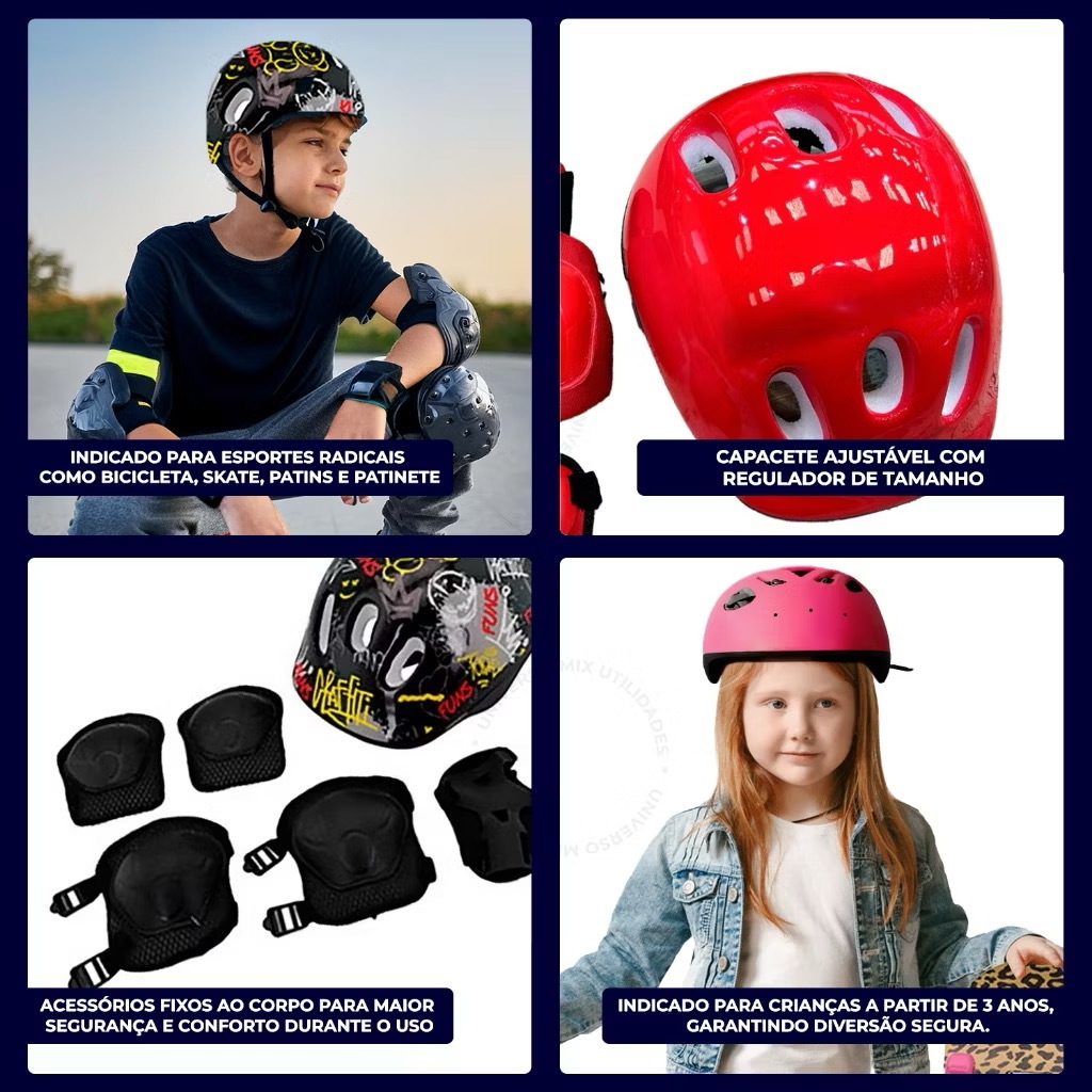 Kit Proteção Infantil 7 Peças Capacete Joelheira Cotoveleira Luvas - Bicicleta Patinete Skate Patins