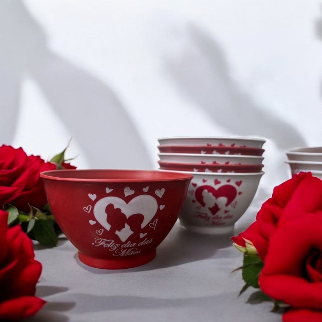 Kit 40 cumbucas bowl plastico dia das mães feliz com colher Sorvete sobremesa tigela 400ml