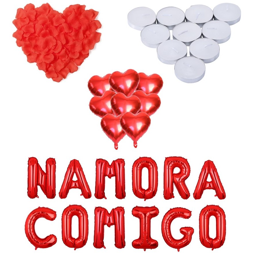 Kit 300 Pétalas + 6 Balão Coração + 6 Velas + Namora Comigo