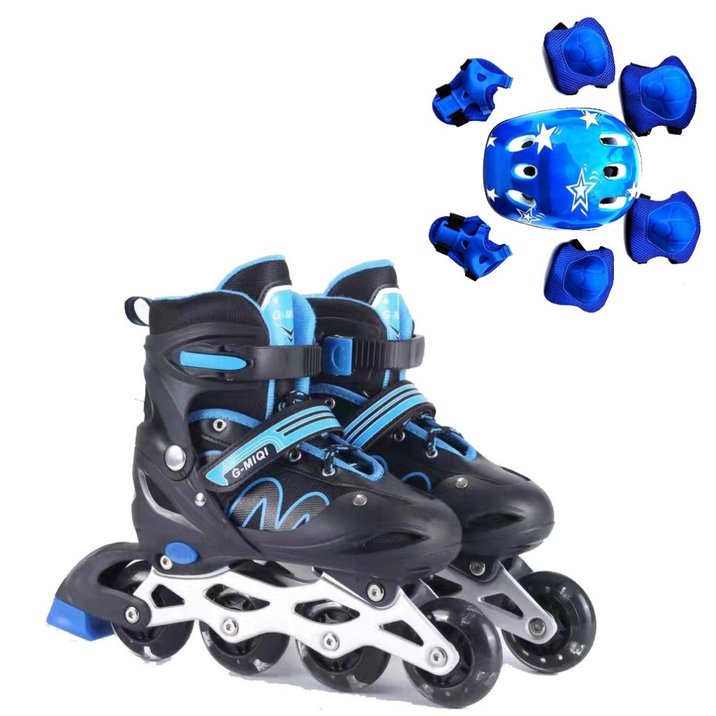 Patins Roller Inline Meninos Azul 2026 Novo Ajustável Lud Led + Kit Proteção Promoção