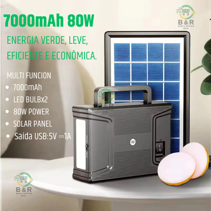 DP Kit de Energia Solar Portátil com Power Bank, Painel Solar e 2 Lâmpadas LED de 7000mAh 80W/ 9000mah 100W/12000mah