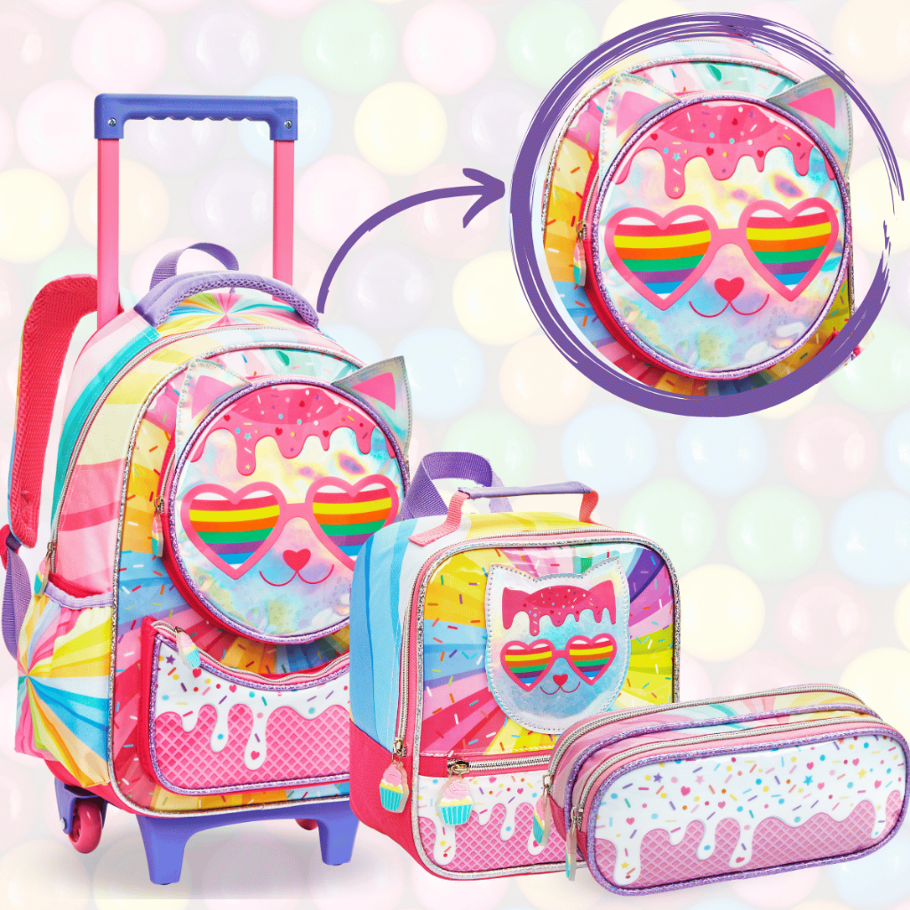 Kit Mochila Rodinha Menina Lancheira Princesa Unicórnio Estojo Escolar Feminina Infantil Carrinho