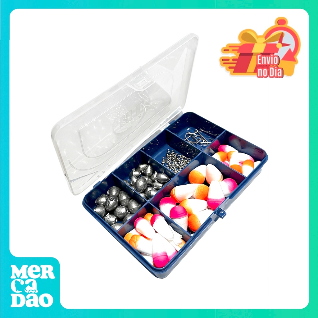 Estojo Kit com Acessórios de Pesca Anzóis, Chumbadas, Giradores, Boias e Estojo
