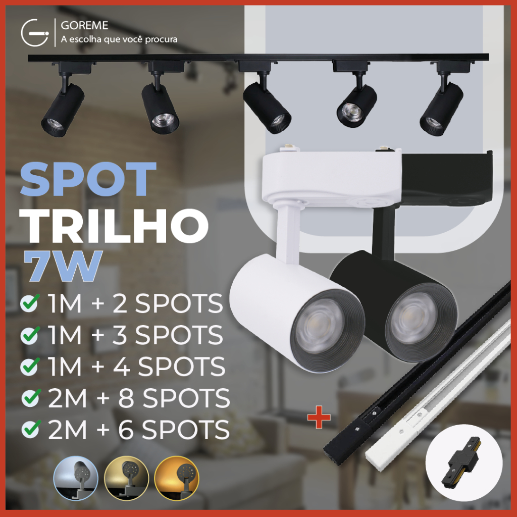 Trilho Spot LED para trilho eletrificado + Trilho + Conector Tubinho Preto e Branco 7W 360°| Bivolt