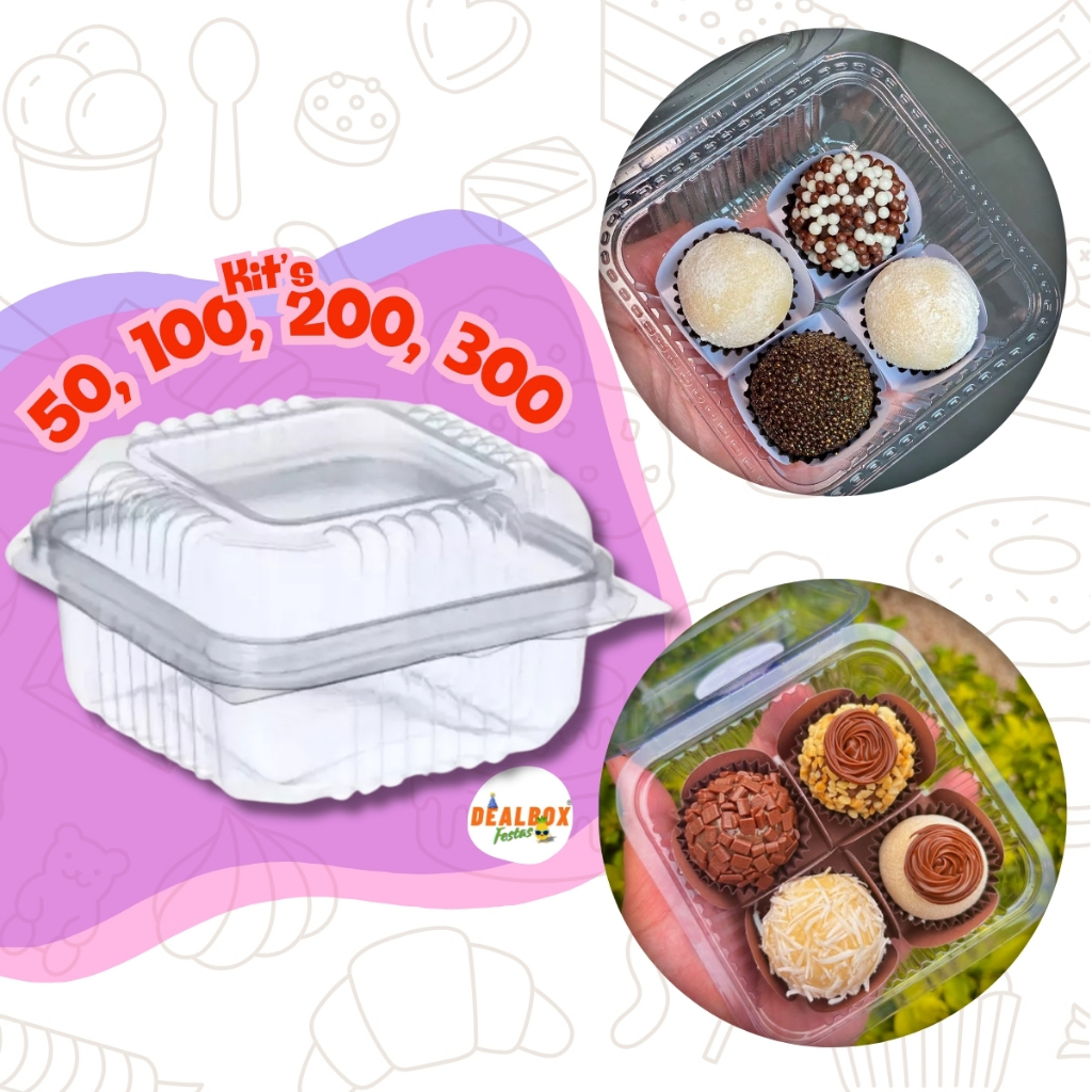 50/100/200/300 Embalagem Brigadeiro Bolo Docinho Salgados Quadrada 200ml 10,3x10,3x6,1 4 Brigadeiros