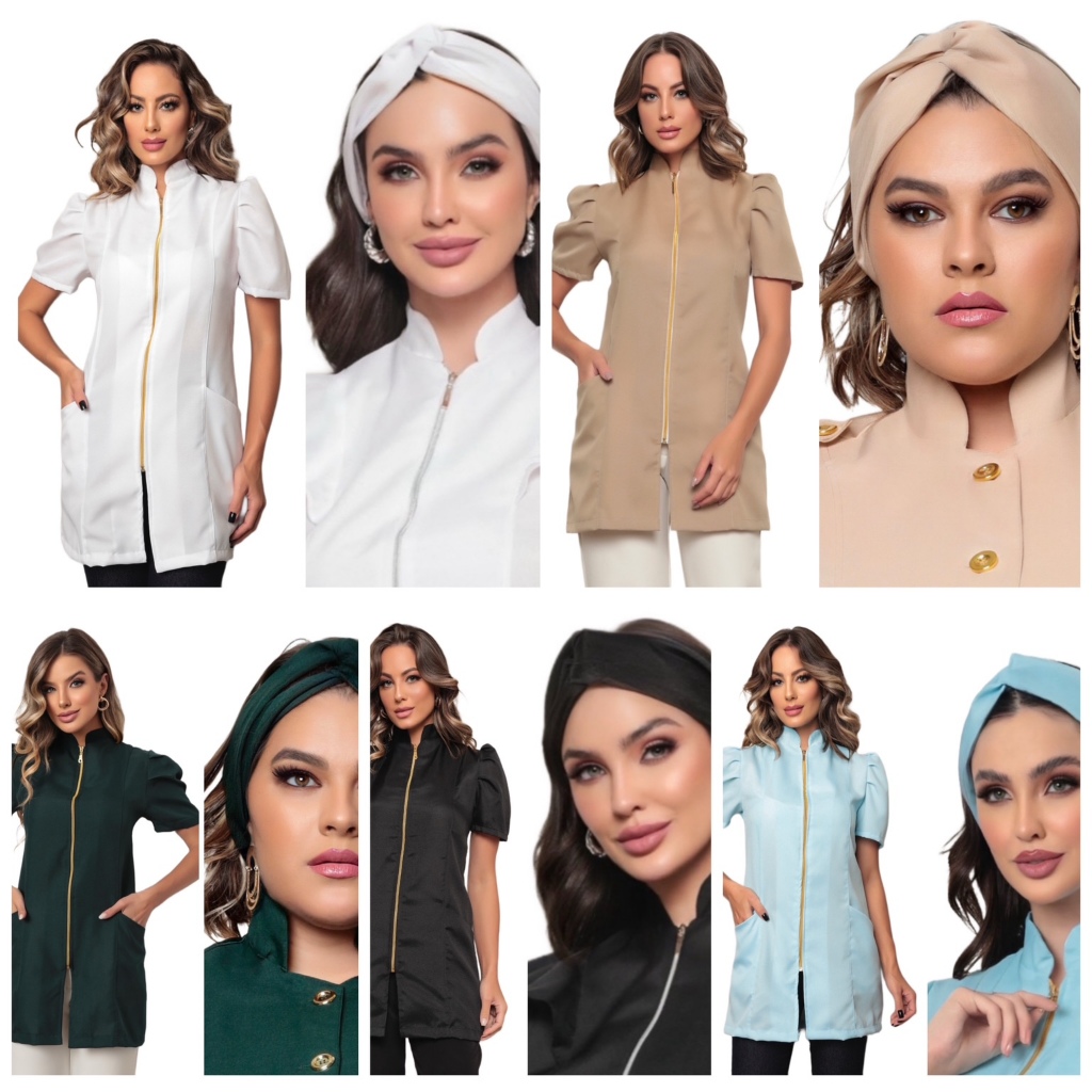 Jaleco Feminino Manga Curta Bufante  Zíper Mara Várias Cores + Turbante  Gardenia Jalecos