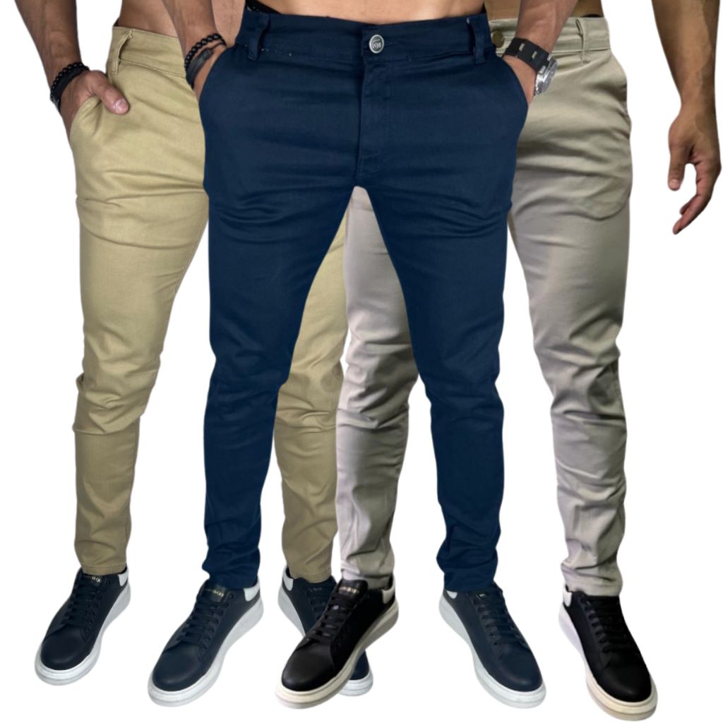 Kit 3 Calça Masculina Sarja Bolso Embutido PDR