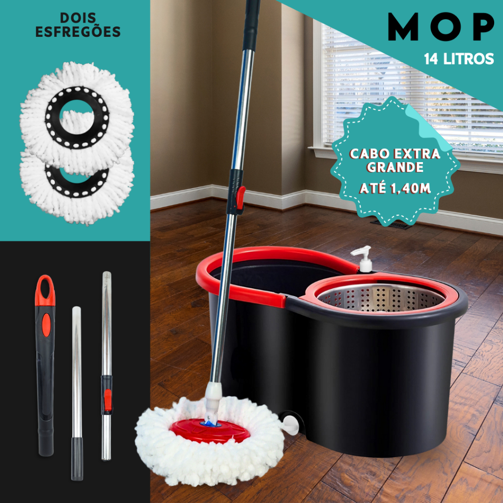 Mop C/ cabo de 140 cm + 2 Refis - Rodinhas e Cesto Em Inox - Balde Centrífuga - CH