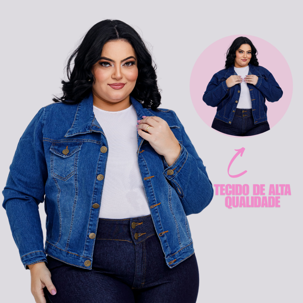 Jaqueta Jeans Feminina Plus Size Com Lycra Bolsos
