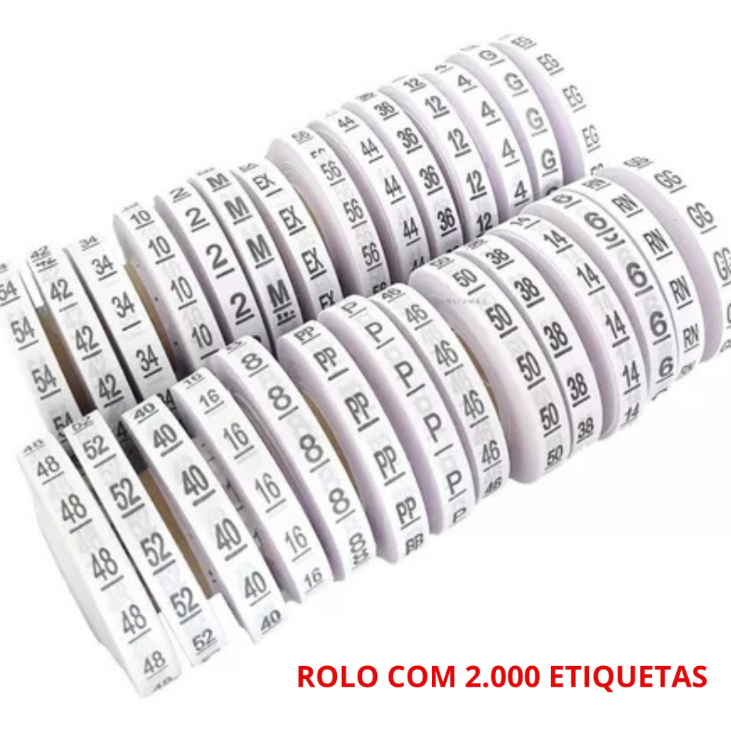 ETIQUETA DE TAMANHO EM TECIDO ESTAMPADA PARA CONFECÇÃO -  ROLO 2000 ETIQUETAS