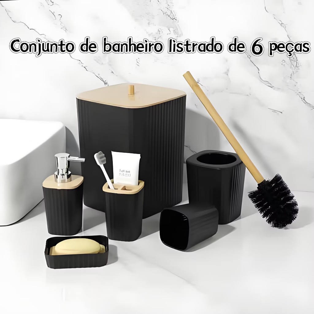 Jogo de Banheiro 4/6 Peças com Tampa Bambu  Lavabo Luxo de Banheiro Lindo Alto Custo e Benefício Preto