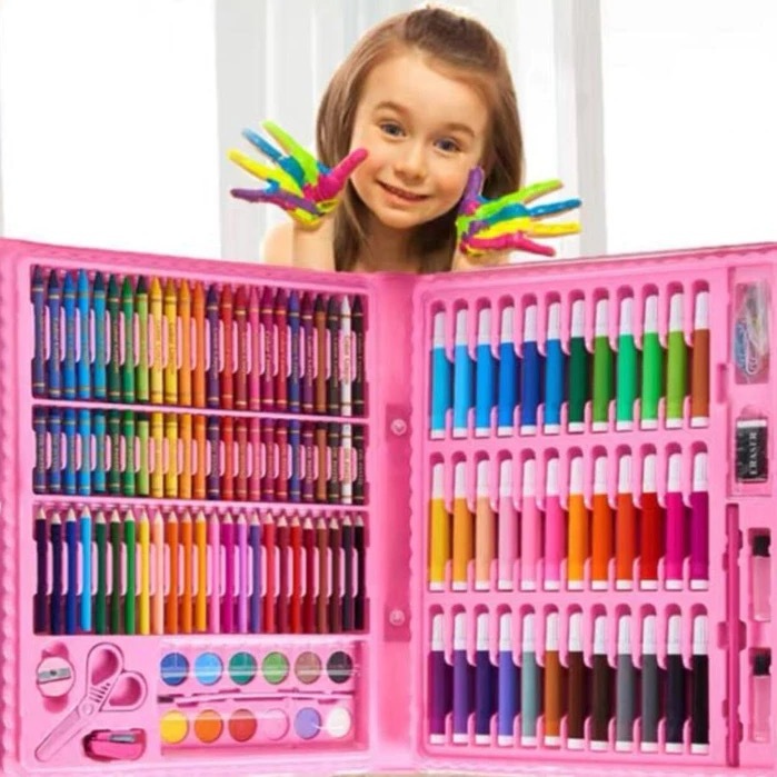 Estojo Maleta Pintura Infantil 68/86/150/168 Peças Paleta Canetinha Giz Lápis Cores Variadas Desenhos Caneta Marcadora