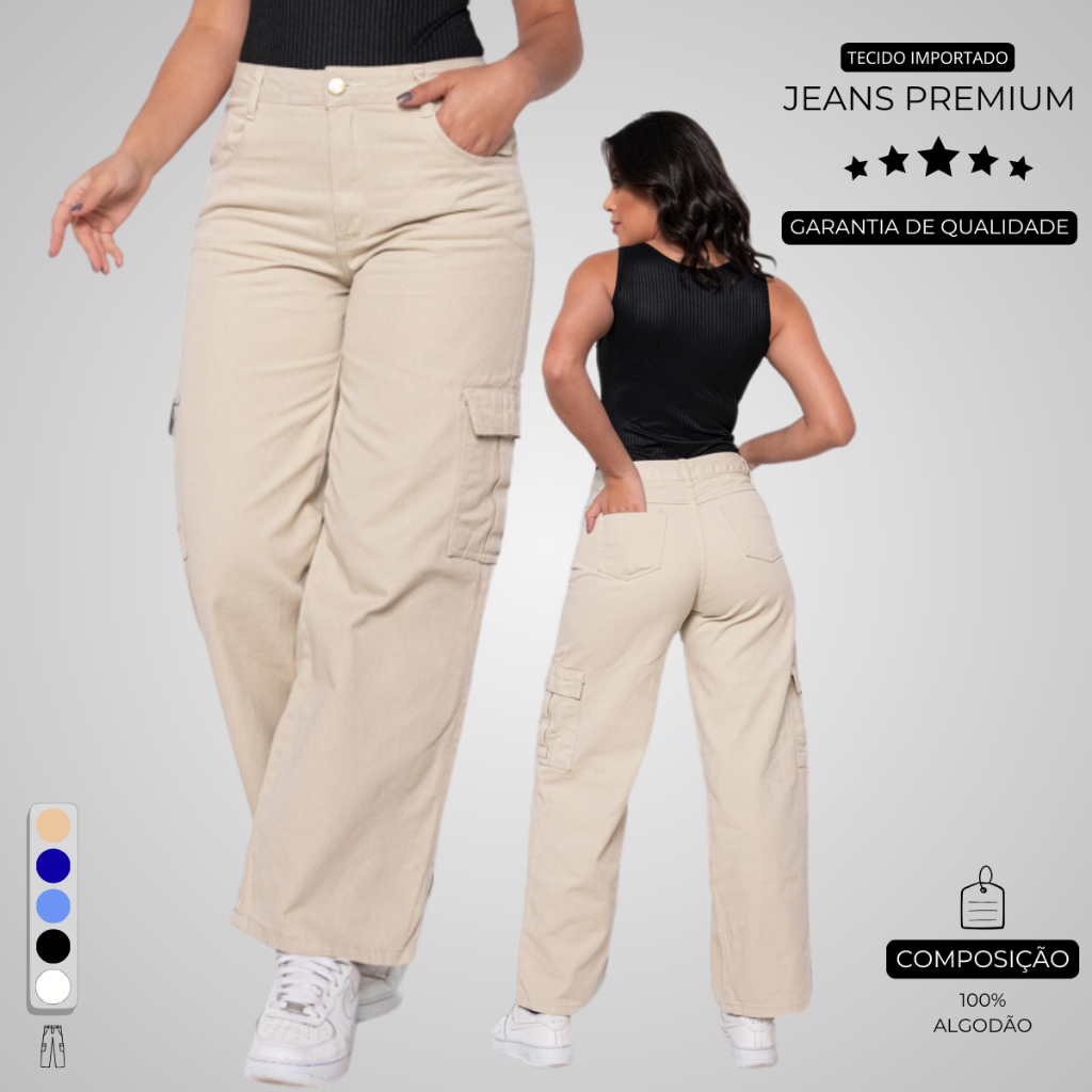 Calça Cargo 100% Jeans Original  Wide Leg Bege Pantalona 10 Ao 44 + 5 Cores