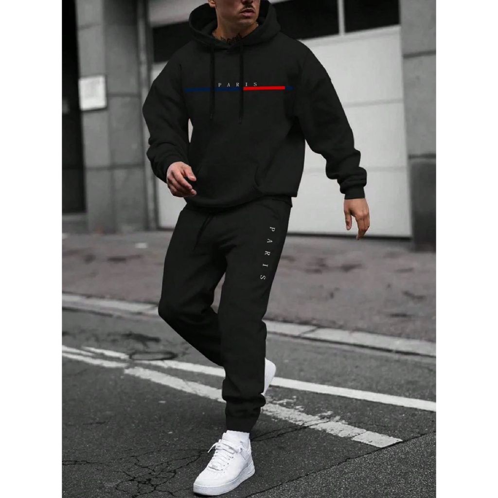 Kit Blusa de Frio Casaco Esporte Canguru Paris Com Bolso Moletom Classico Capuz + Calça Paris Abrigo Unissex