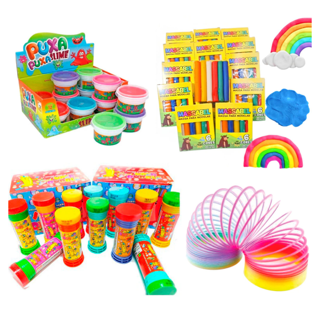 Kit 20 Brinquedos Bolha de Sabão Slime Massinha de Modelar Sacolinha Surpresa Mola Maluca Infantil