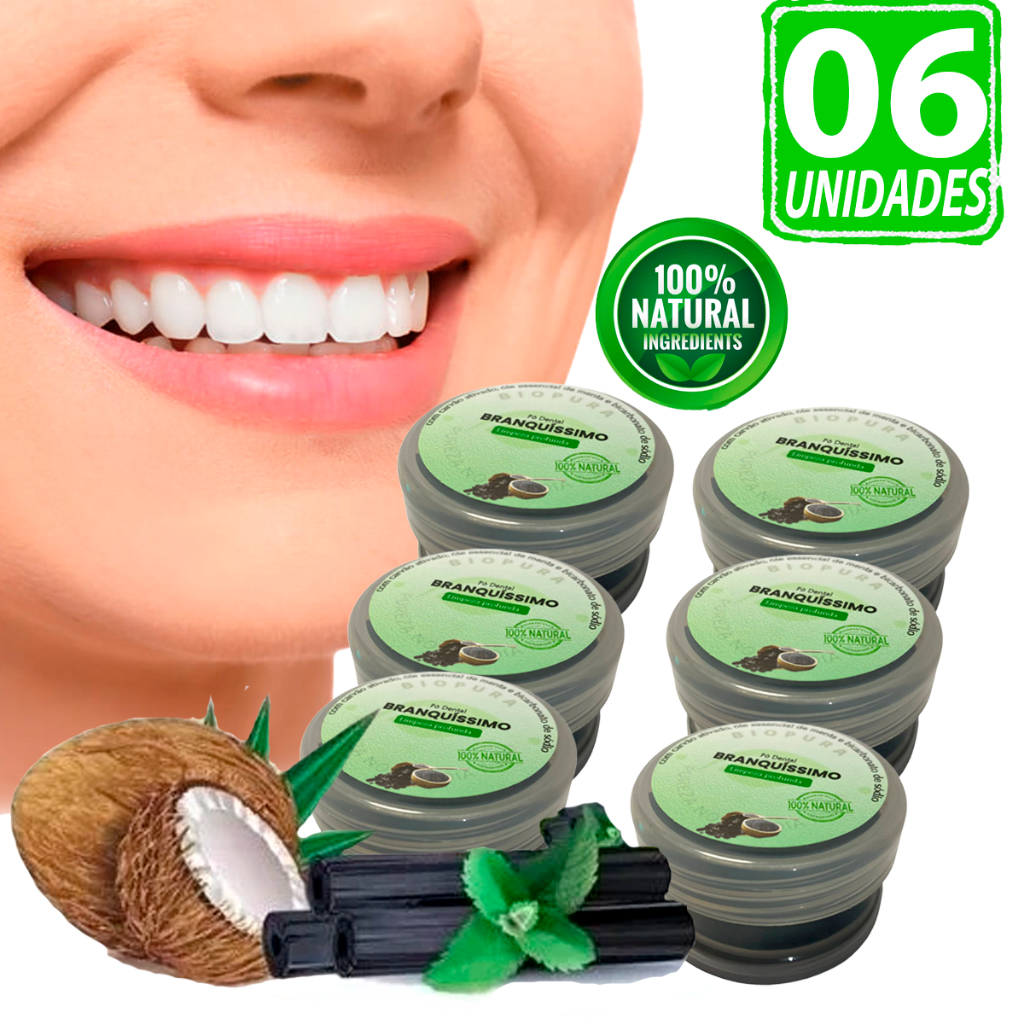 Kit 06 Unidades Pó Dental Clareador Natural Carvão Ativado Óleo Menta E Coco