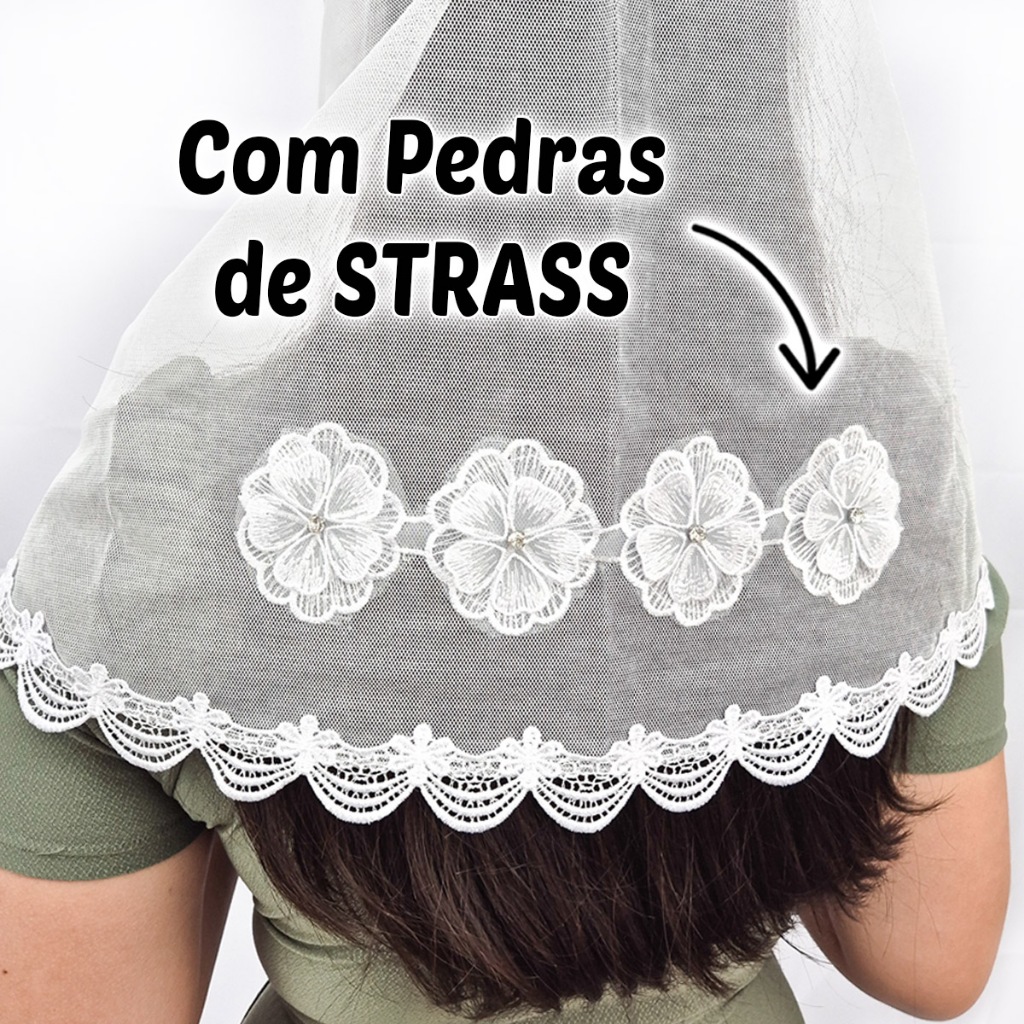 Véu Ccb Com Pedras Strass Aplique Floral Congregação Cristã Adulto (Manoela)