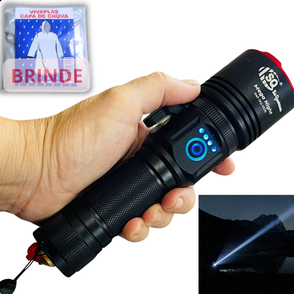 Lanterna Led Foco Ajustável Corpo Alumínio Mega Nigth Premium Led Recarregável Pesca Trilha