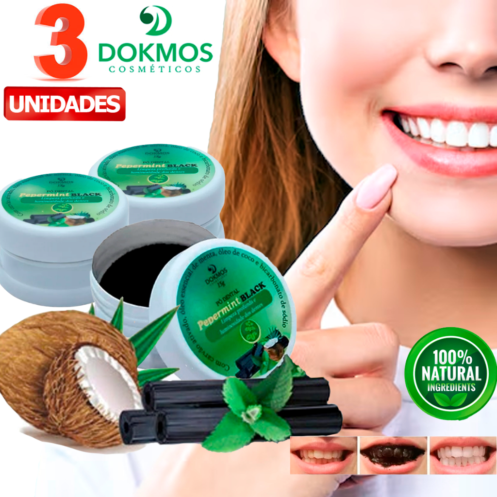 Kit 03 Unidades Pó Dental Clareador Natural Carvão Ativado Óleo Menta E Coco- Dokmos