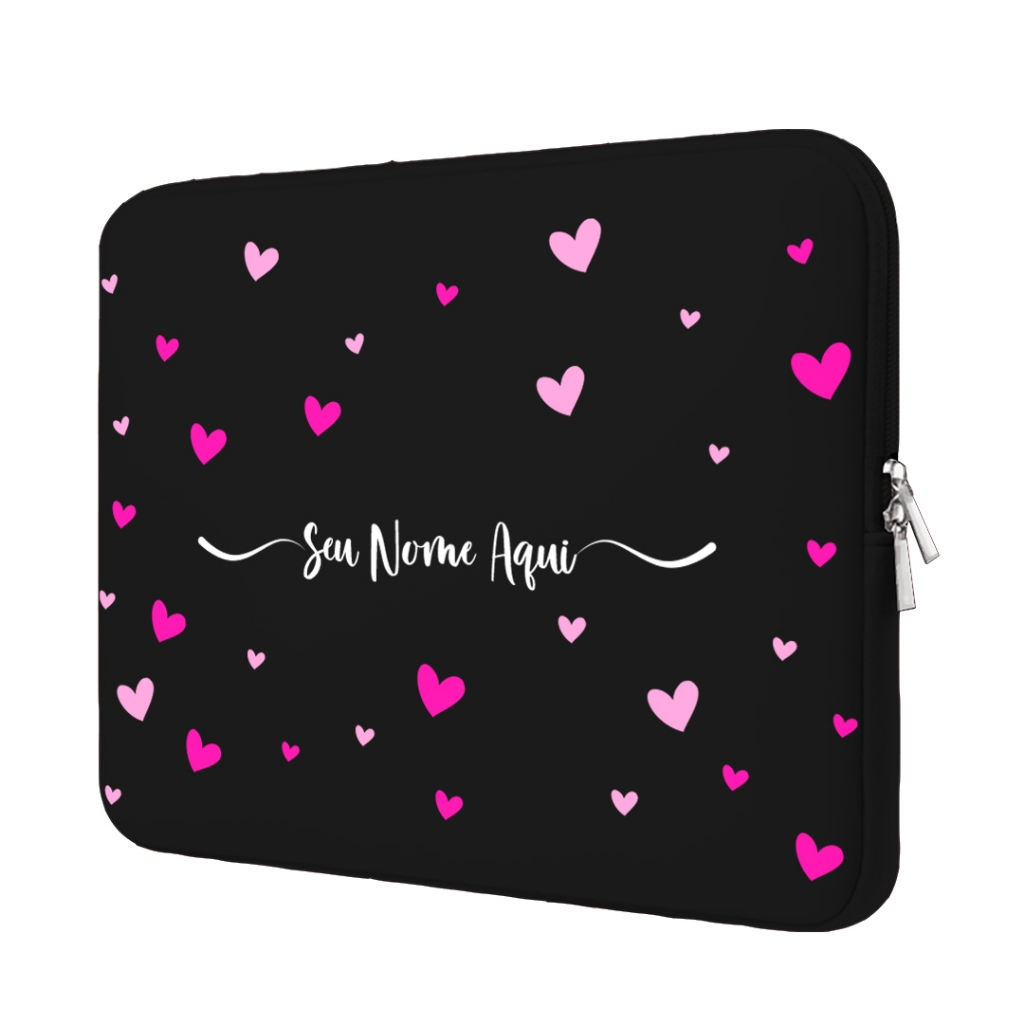 Capa Case Pasta Maleta Notebook Neoprene 15.6/14/13.3/12/11 Personalizada Nome Corações Coloridos