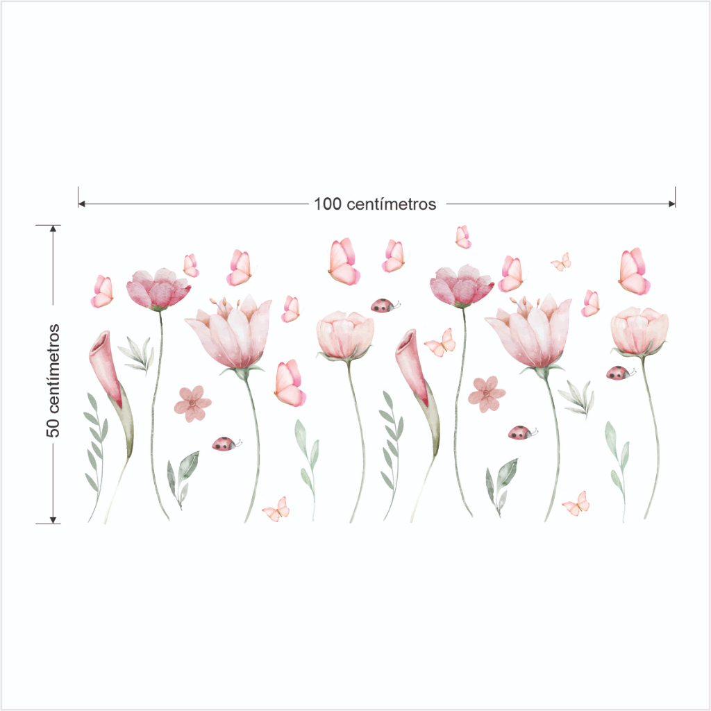 Adesivo De Parede Em Recorte Sem Fundo Flores Raminhos Jardim Borboletas Rosa