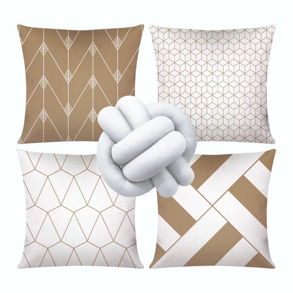 Kit c/ 04 Capas de Almofada Modernas Decorativas 45x45 + 1 Almofada de Nó - Geométrica Nude
