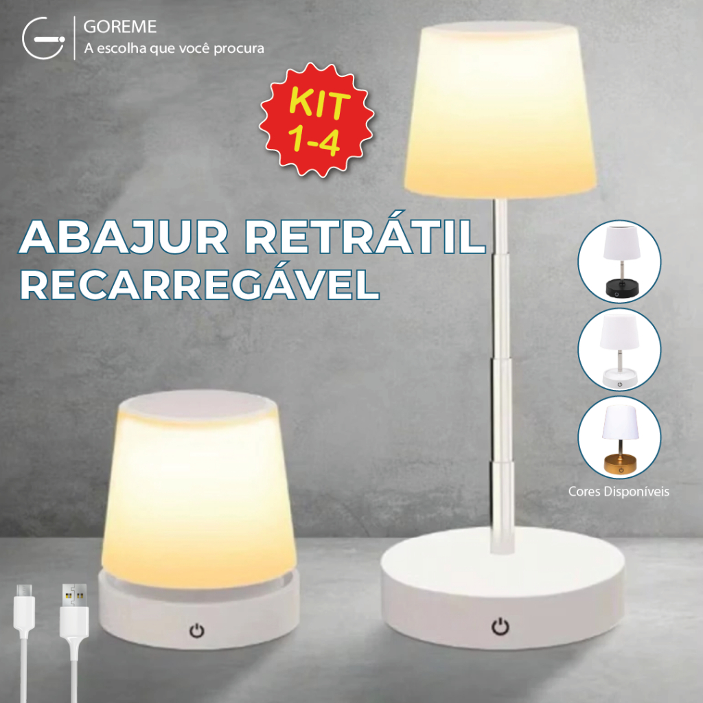 Abajur LED Recarregável Retrátil de Aço Luz Neutra Ajustável 3 Tons USB Sala/Escritório/Quarto