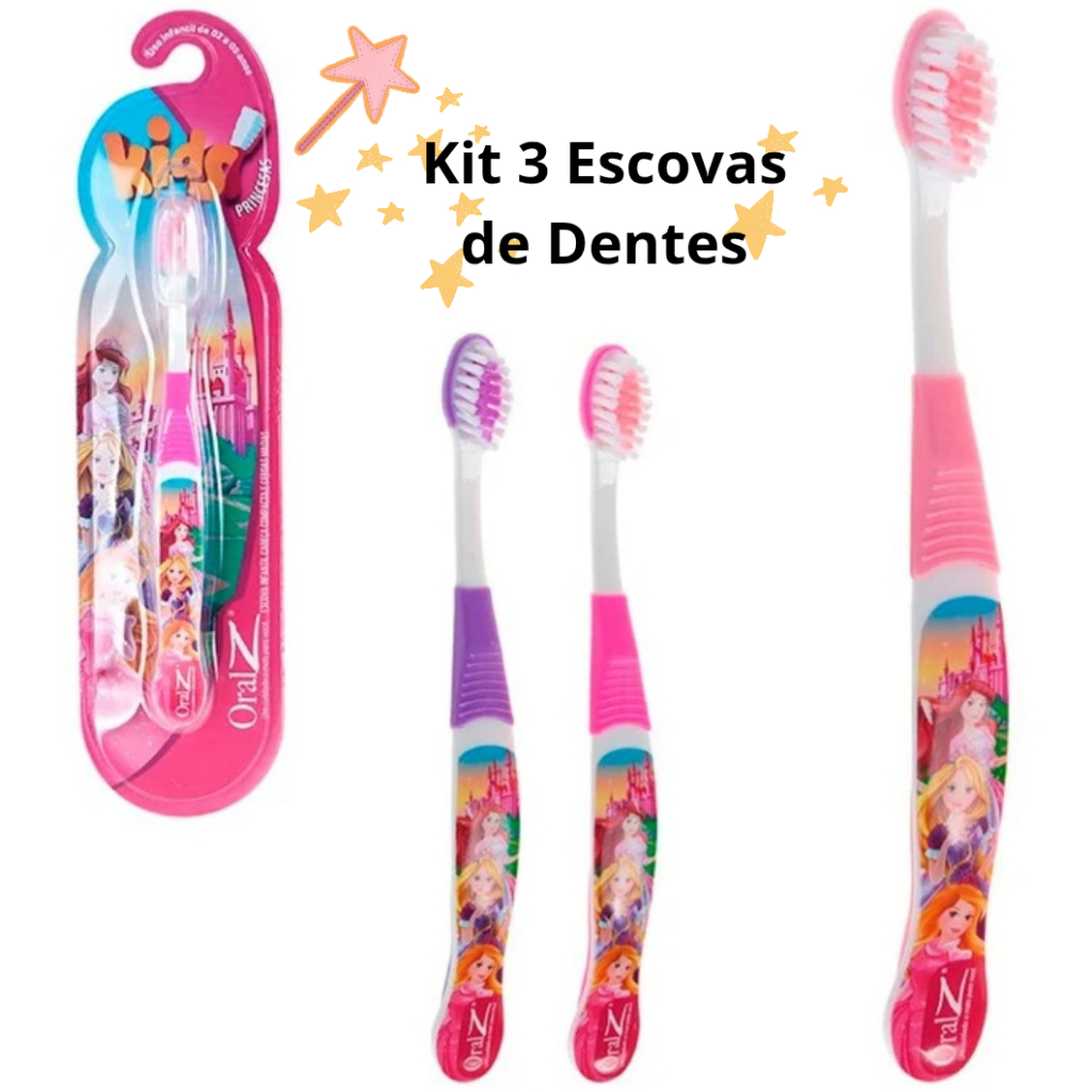 Kit 3 Escovas De Dentes Macias Princesas Rosa Infantil Criança