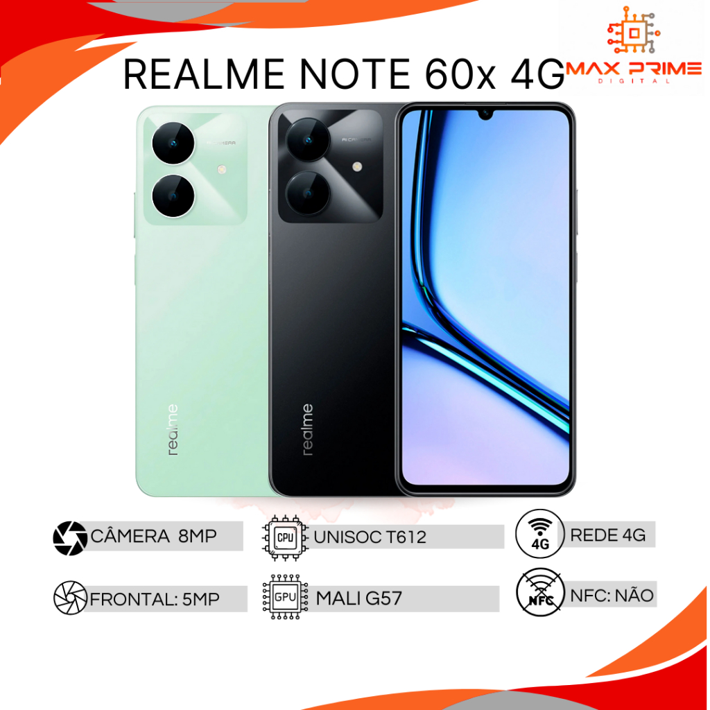 Realme Note 60X 4G, 64GB/3GB RAM, 128GB/4GB RAM Processador Octacore Unisoc T612, Bateria 5000Mah, Versão Global