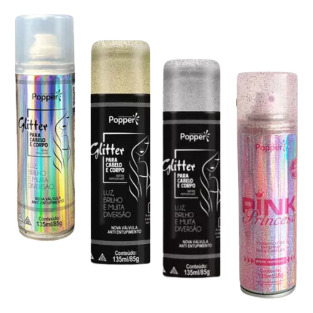 Spray Glitter Prata Rosa Dourado Popper - BRILHE no Carnaval, Bloquinhos, Folia, Formaturas e Festas
