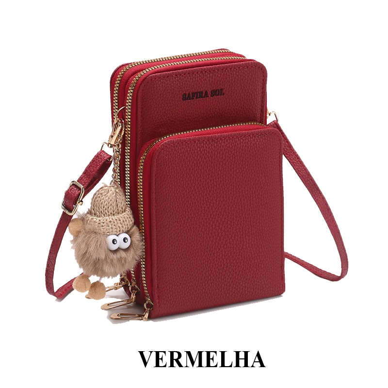 Bolsa Transversal Feminina Porta Celular com 3 Divisorias Transversal 3 Ziper com chaveiro