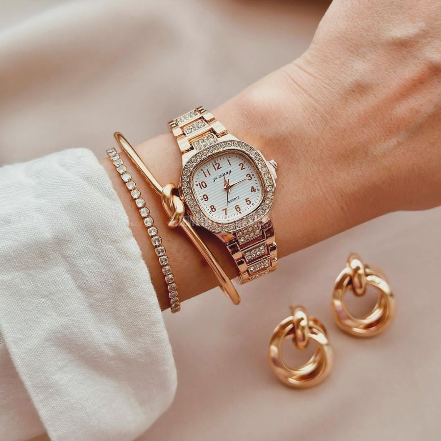 Kit Conjunto Relógio Feminino Dourado com Bracelete Pulseira e Brincos Acessórios Femininos Relogio