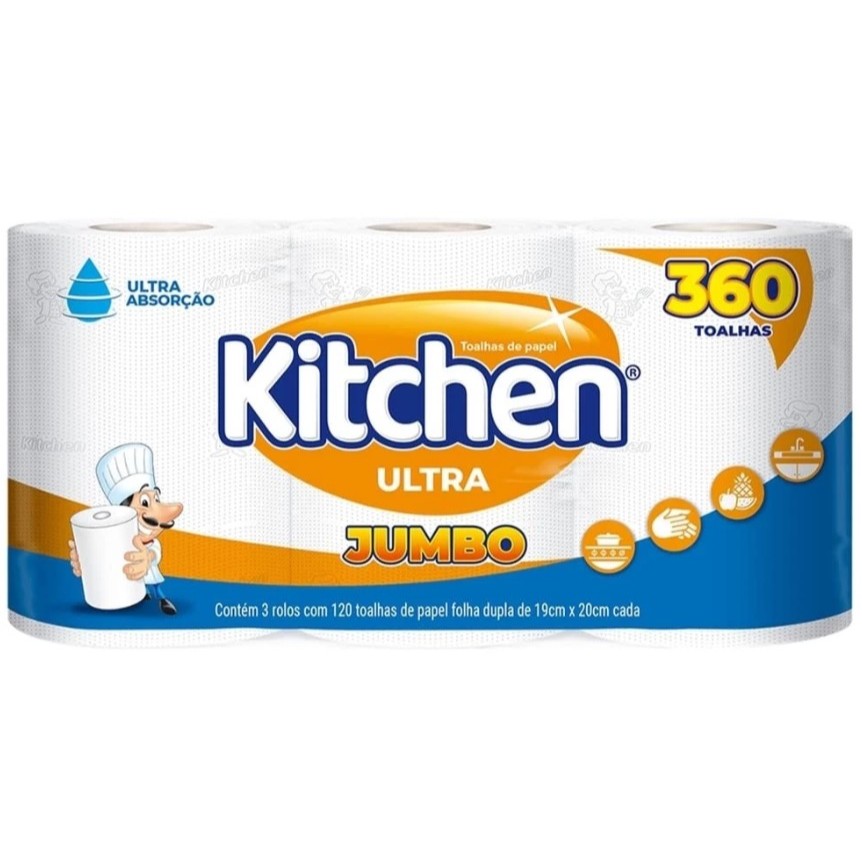Papel Toalha Kitchen Jumbo 3 Rolos Folhas Duplas 360unidades