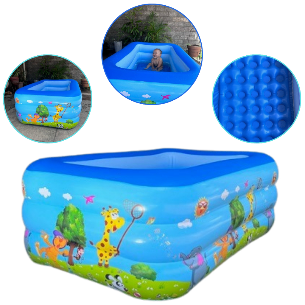 Piscina Inflável Retangular Infantil 3 Anéis 110cm ou 150cm | 150 ou 400 Litros Azul ou Rosa