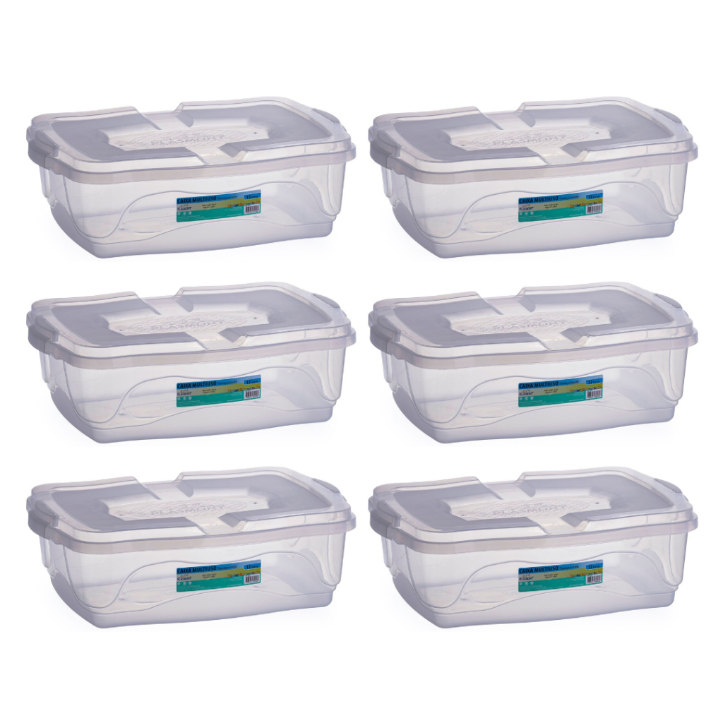Kit 6 Caixas Organizadoras 12L Transparente de Plástico Resistente Para Brinquedos Roupas