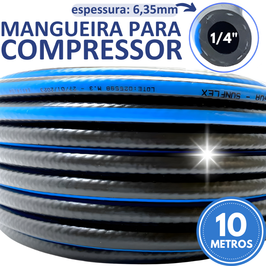 Mangueira Compressor de Ar 1/4" Comprimido Agua 10 Metros Preta Borracha 6,35mm 300psi