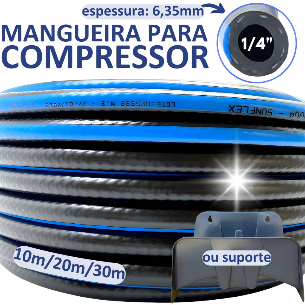 Mangueira Compressor de Ar 1/4'' Comprimido Agua 50, 30, 20, 10 Metros Preta Borracha 6,35mm 300psi Suporte
