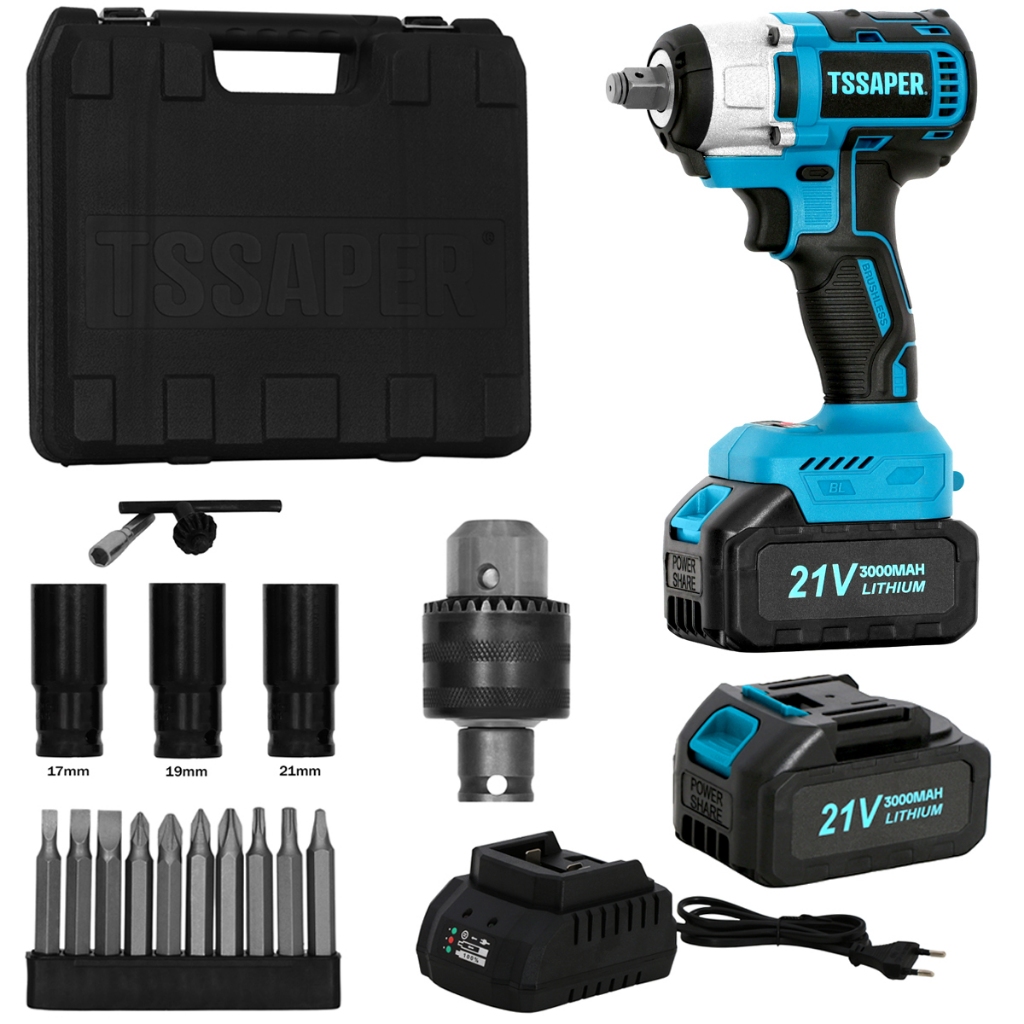 Chave de impacto 21v torque de 380nm com 2 baterias, maleta e 3 soquetes Brushless Tssaper TSCH21-2