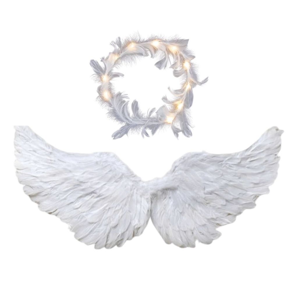Kit Asa de Anjo + Tiara Auréola com LED ou Sem LED – Fantasia Carnaval, Halloween e Cosplay