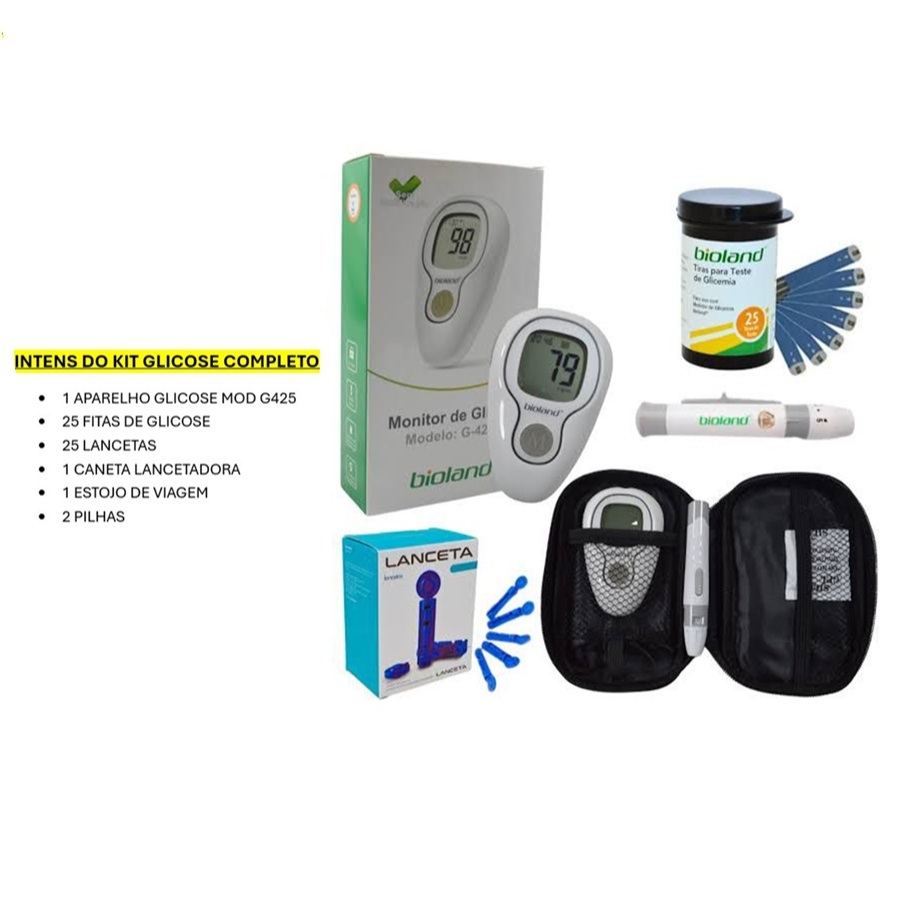 Kit Medidor de Glicose Modelo G425 Completo 25 Tiras + 25 Lancetas e Caneta Lancetadora - Bioland
