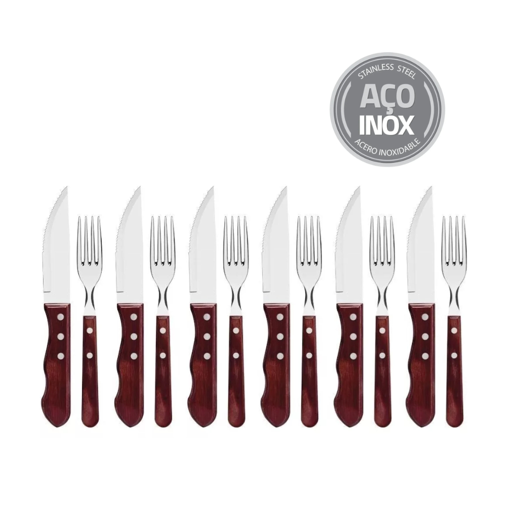 Jogo de Talheres Para Churrasco 12 Peças Jumbo Garfo Faca Aço Inox E Madeira