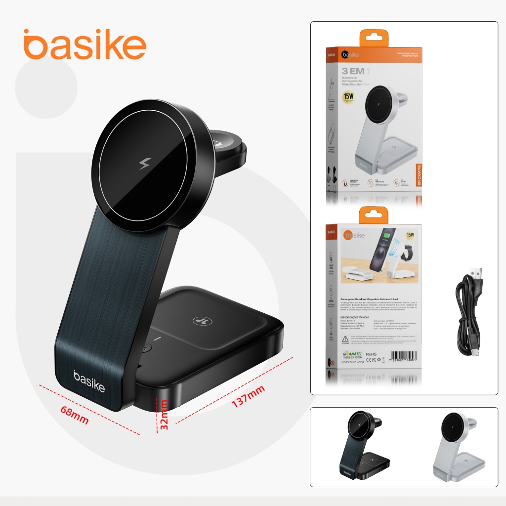 Basike Magnético Carregador Por Indução Sem Fio Wireless Carga Rápida 15w Para iPhone 3x1 Cor Branco