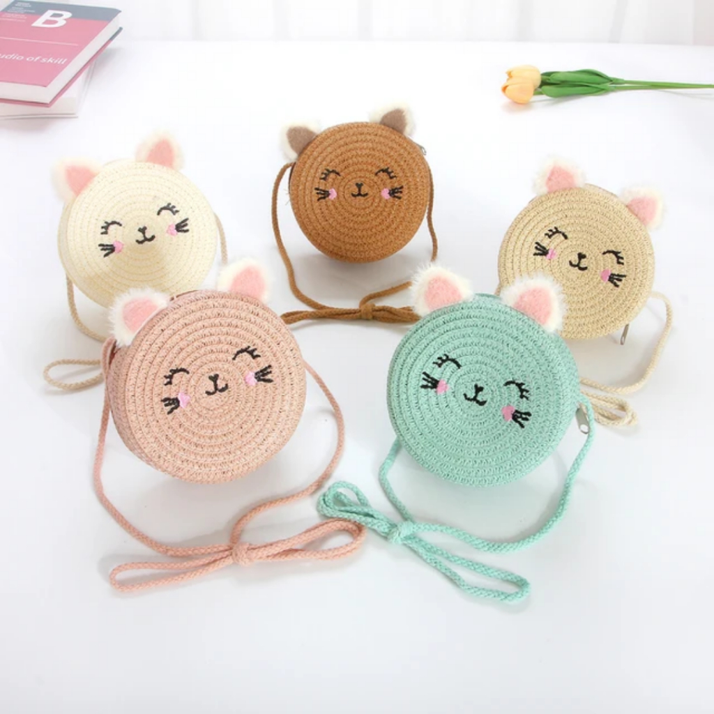 Bolsa De Palha Sintética Estampa De Gatinho Feminino Pequeno Redondo Alça Transversal Corda