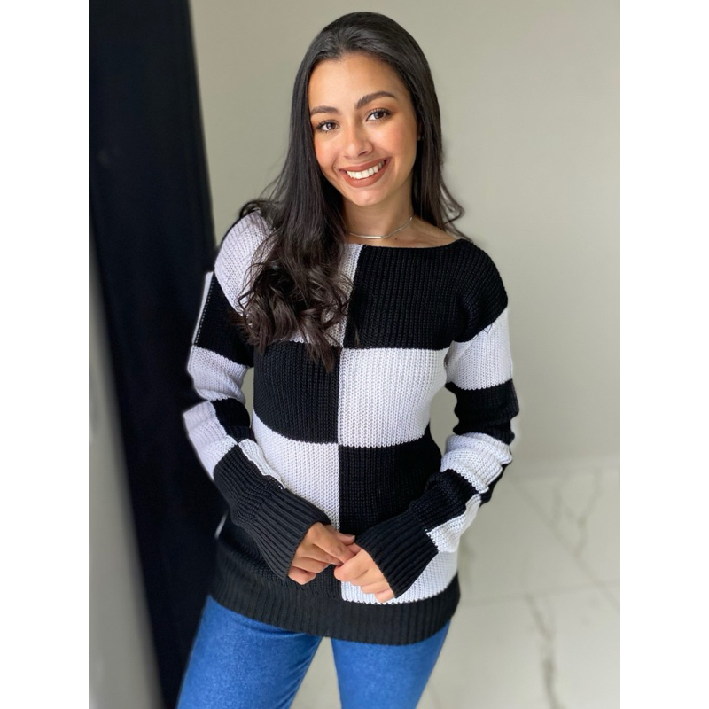 Blusa Alongada Quadriculada manga longa em Tricot xadrez suéter linha tricô moda blogueira inverno