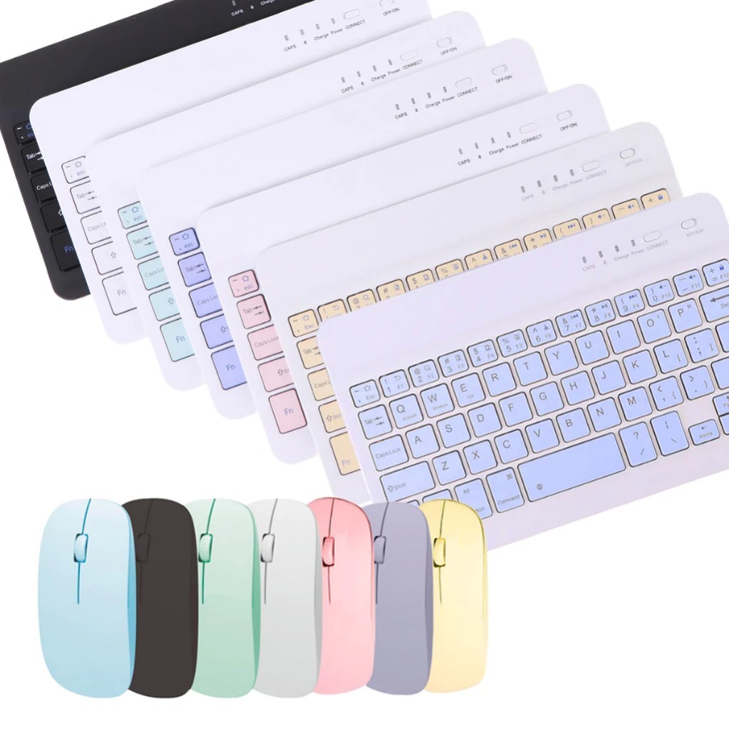 Kit Teclado e Mouse Sem Fio Bluetooth Colorido Macaron Para PC iPad Tablet Notebook