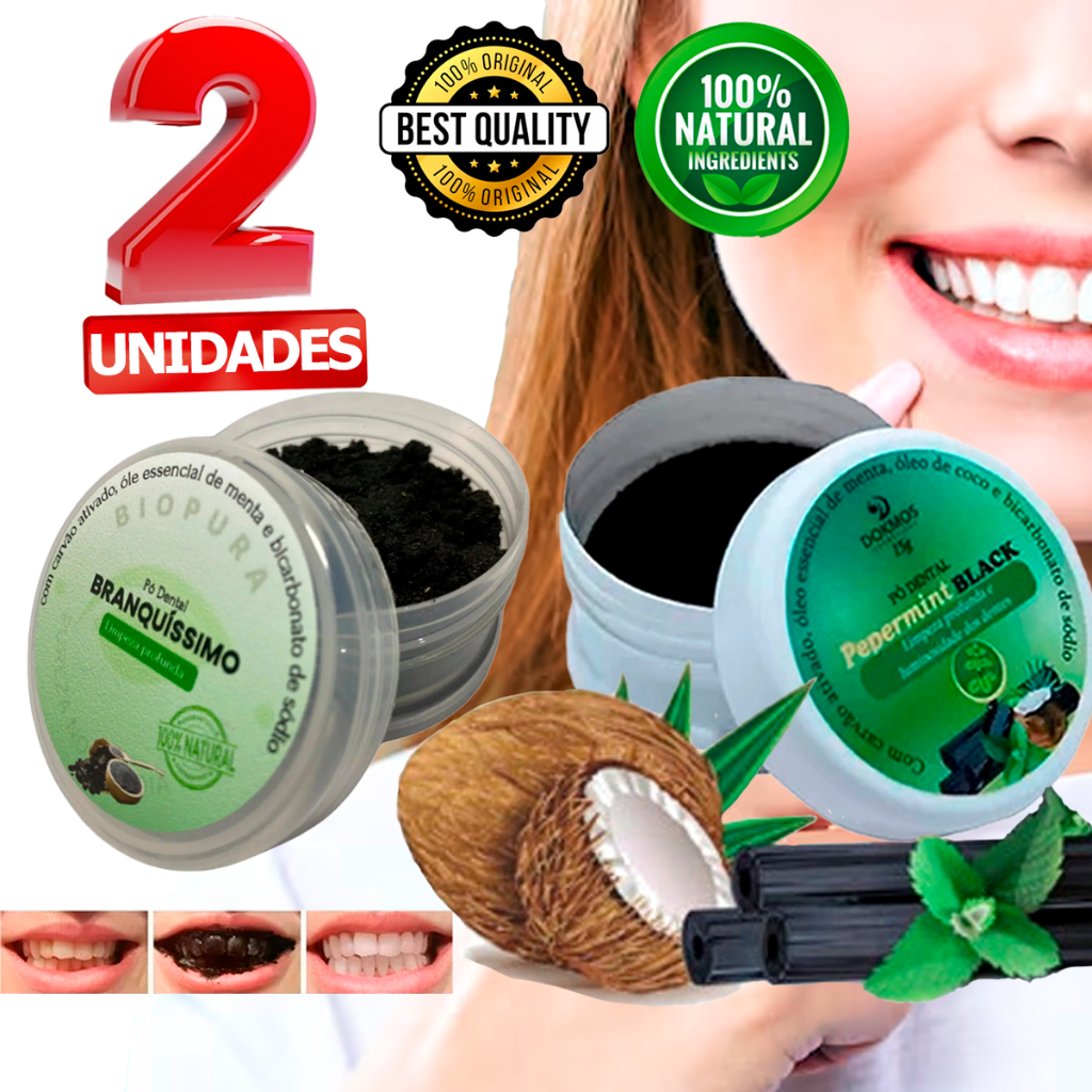 Kit Pó Dental Clareador Natural Carvão Ativado 15g +  Pó Dental Clareador Natural Carvão Ativado Óleo Menta E Coco 15g