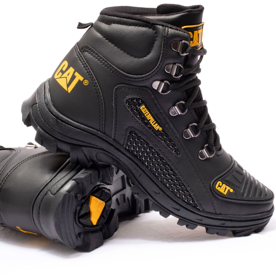 Bota CAT Coturno Preto Palmilha Gel Ortopédica Couro Masculino Promoção Envio Rápido